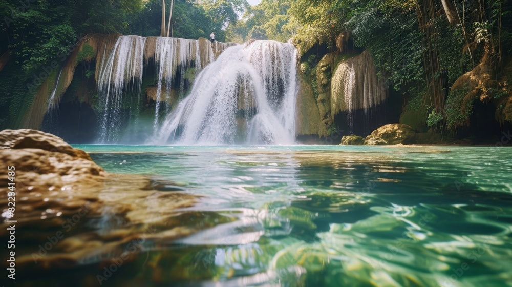A majestic waterfall cascades into a tranquil pool surrounded by lush greenery and rocks in a tropical forest setting. A majestic waterfall cascades into a tranquil pool surrounded by lush greenery and rocks in a tropical forest setting.
