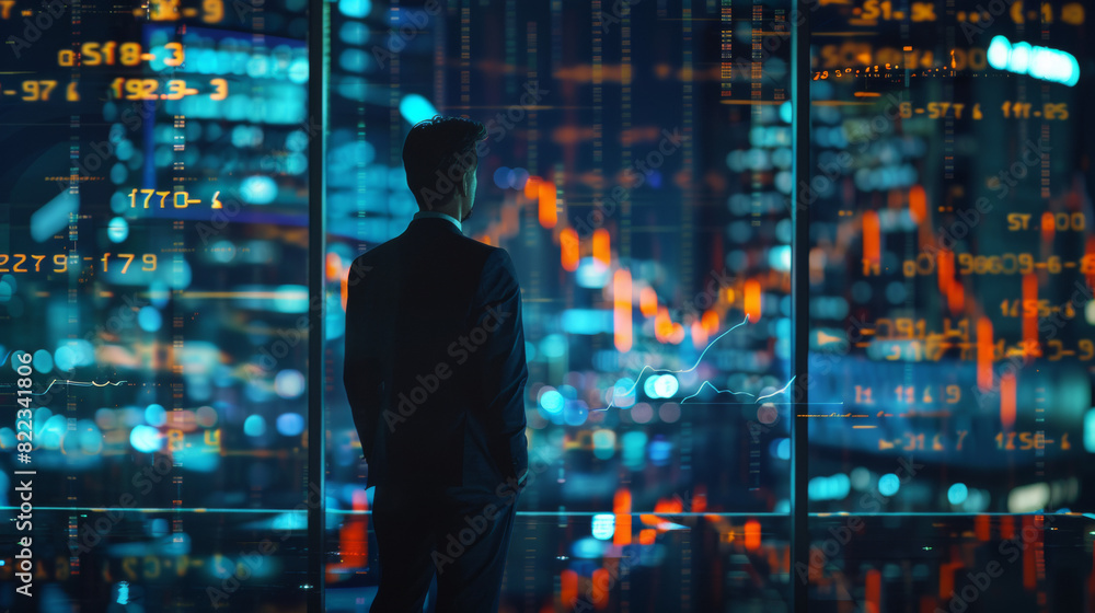 Close up detail of a business man standing in front of a digital hologram of trading chart Close up detail of a business man standing in front of a digital hologram of trading chart