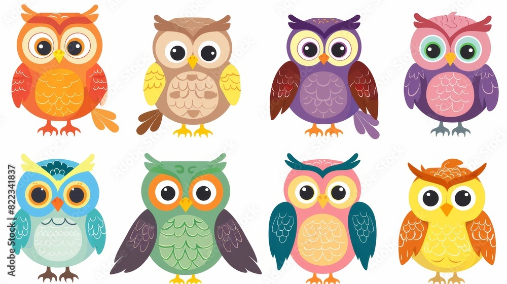 This is a modern illustration of colorful cartoon funny owls set on a white background. They are happy and joyful birds set in a flat style.