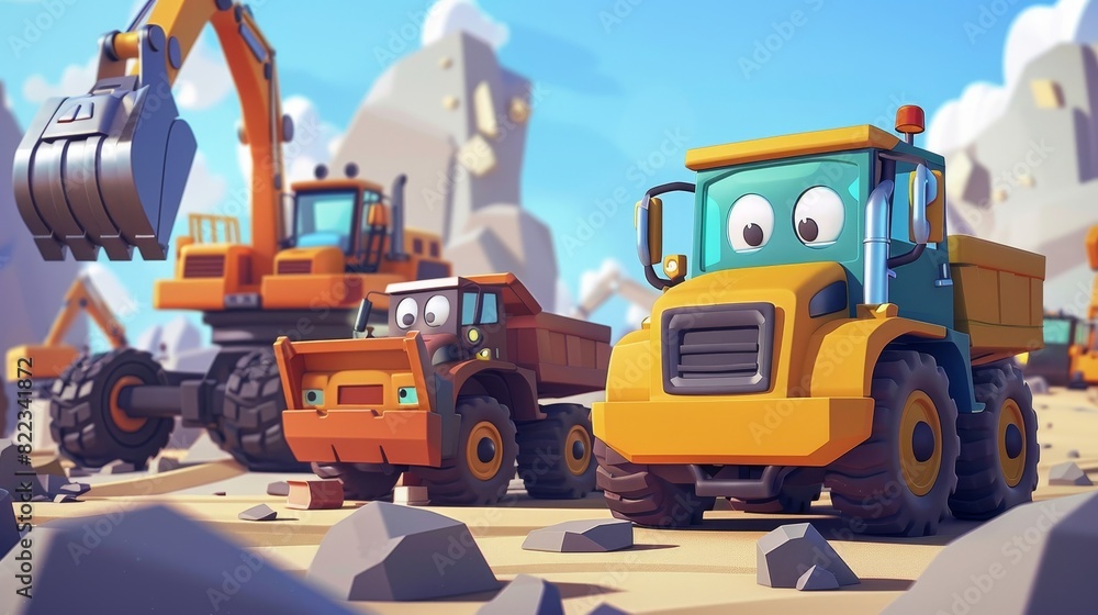 This is a cartoon scene showing different construction site vehicles smiling and looking at each other - this is an illustration for children. This is a cartoon scene showing different construction site vehicles smiling and looking at each other - this is an illustration for children.
