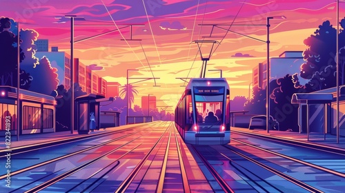 An historical cartoon city street at sunrise or sunset. An old city banner with a tram. Modern illustration.