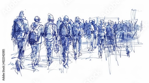 Sketch of people walking ink on a white background