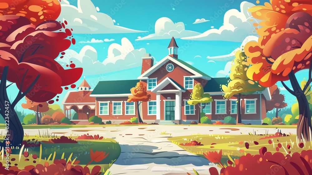A warm autumn education card cover in bright red and green shades with a sky filled with clear blue clouds. This illustration resembles a comic style created for high schools. A warm autumn education card cover in bright red and green shades with a sky filled with clear blue clouds. This illustration resembles a comic style created for high schools.