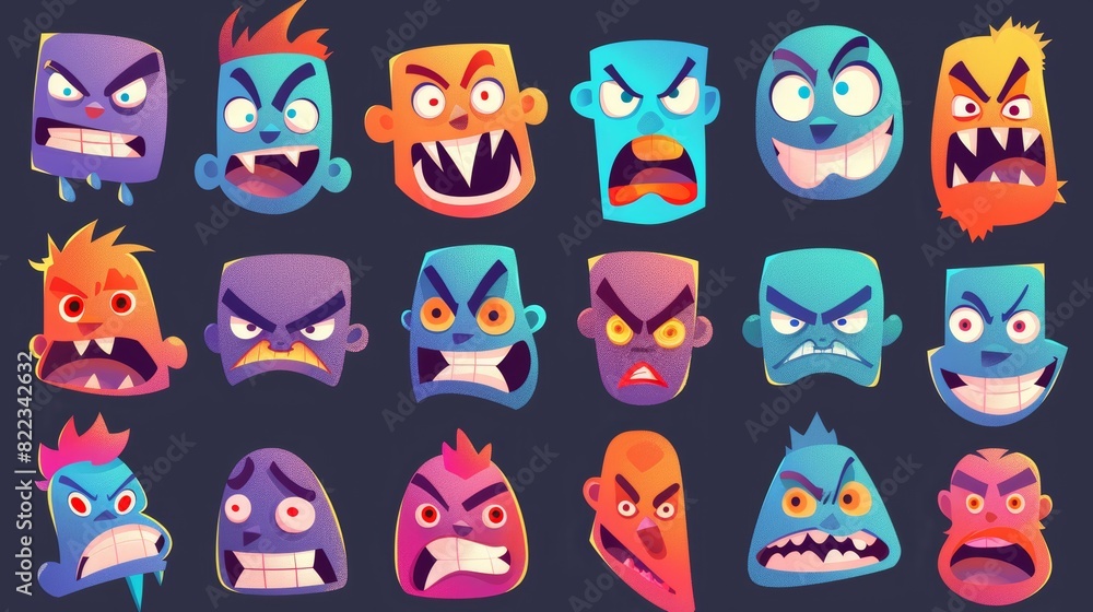 Cartoon faces with cartoon emotions in different expressions. Expressions of the eyes and mouth, funny flat modern characters.