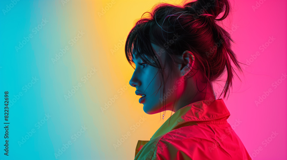 Side view portrait of a beautiful asian woman in sportswear on gradient background. Side view portrait of a beautiful asian woman in sportswear on gradient background.