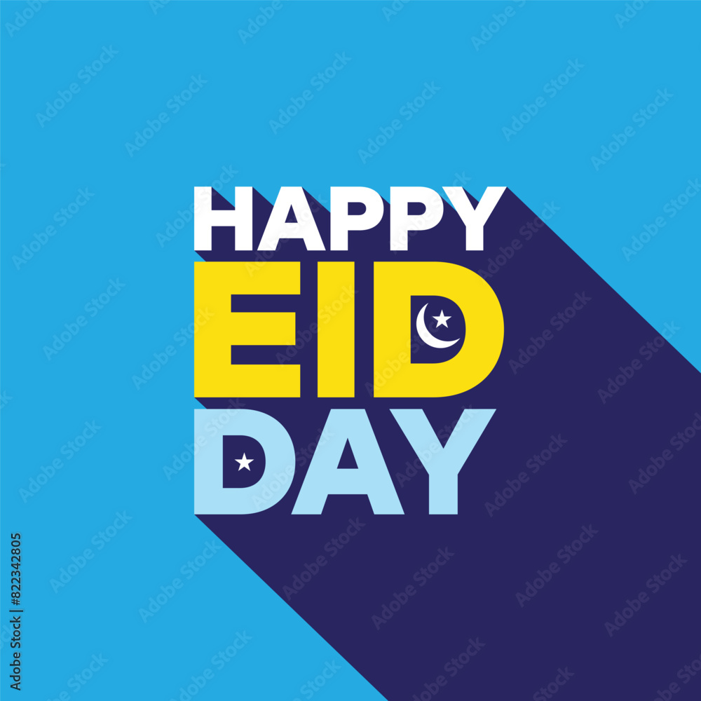 Happy Eid Day modern typography template design on a blue background with a long shadow. Eid al Adha banner, poster, greeting card with moon and stars. Eid Mubarak text. Happy Eid Day modern typography template design on a blue background with a long shadow. Eid al Adha banner, poster, greeting card with moon and stars. Eid Mubarak text.