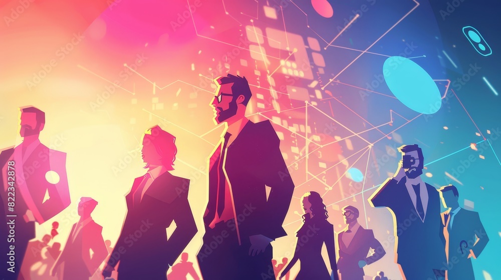 © Mark - Hightech electronic, microchips, icons, and communication symbols at the background. Business concept illustration.