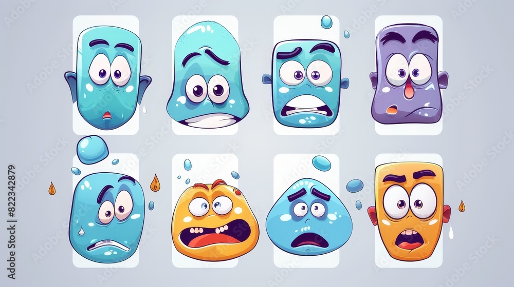 An icon set for cartoon comic faces that includes smiling, crying, and surprised faces. Comics with emotions such as happiness or sadness. An icon set for cartoon comic faces that includes smiling, crying, and surprised faces. Comics with emotions such as happiness or sadness.