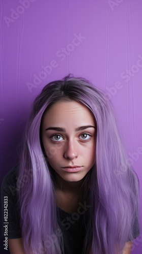 Violet background sad european white Woman realistic person portrait of young beautiful bad mood expression Woman Isolated on Background 