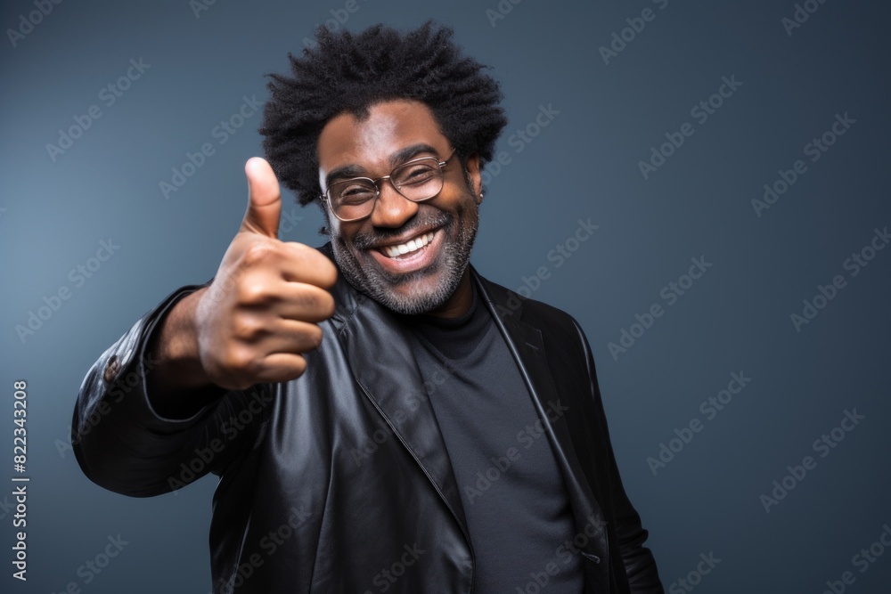 Portrait of a grinning afro-american man in his 40s showing a thumb up on plain cyclorama studio wall Portrait of a grinning afro-american man in his 40s showing a thumb up on plain cyclorama studio wall
