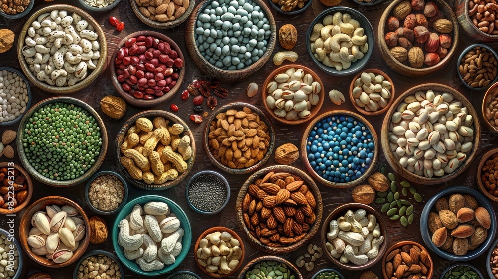 A vibrant assortment of nuts, seeds, and beans displayed in multiple bowls, showcasing healthy and diverse food varieties. A vibrant assortment of nuts, seeds, and beans displayed in multiple bowls, showcasing healthy and diverse food varieties.