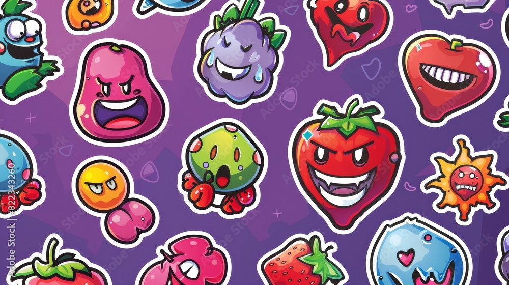 Various cartoon characters, such as comic hearts, suns, planets, berries, abstract faces, etc.