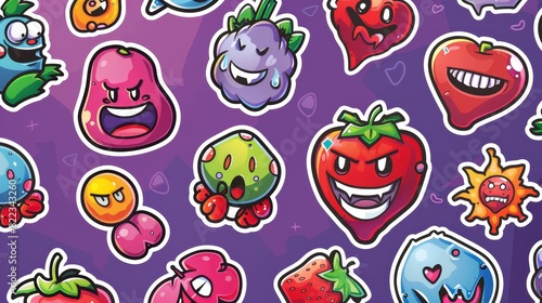 Various cartoon characters, such as comic hearts, suns, planets, berries, abstract faces, etc.