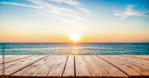 A wooden deck, table on a sea sunset background.  Product presentation, display.. © Dalew