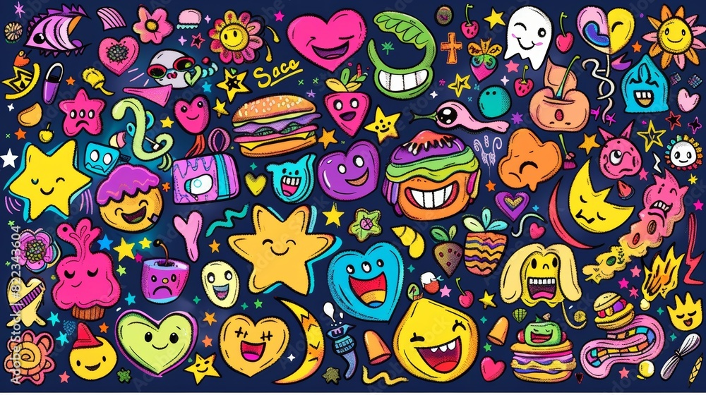 A set of groovy 70s elements with cartoon characters, doodle smile faces, flowers, melody, sandwich, stars, hearts, cherries and bubbles. Retro groovy hippie design suitable for decorative stickers. A set of groovy 70s elements with cartoon characters, doodle smile faces, flowers, melody, sandwich, stars, hearts, cherries and bubbles. Retro groovy hippie design suitable for decorative stickers.