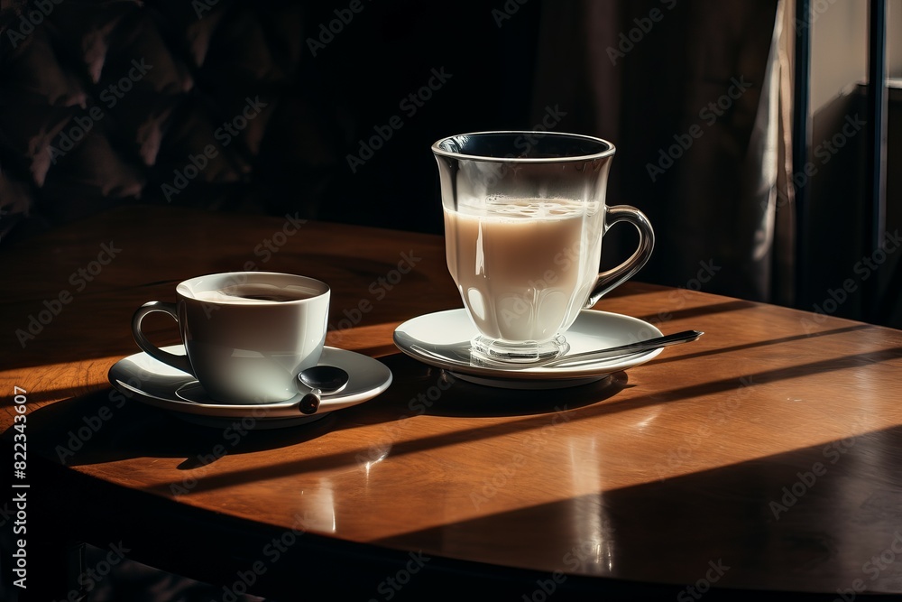 Tranquil setting featuring a cup of coffee and a glass of latte basking in warm sunlight Tranquil setting featuring a cup of coffee and a glass of latte basking in warm sunlight