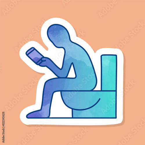 Man sitting in toilet and holding smart phone color sticker