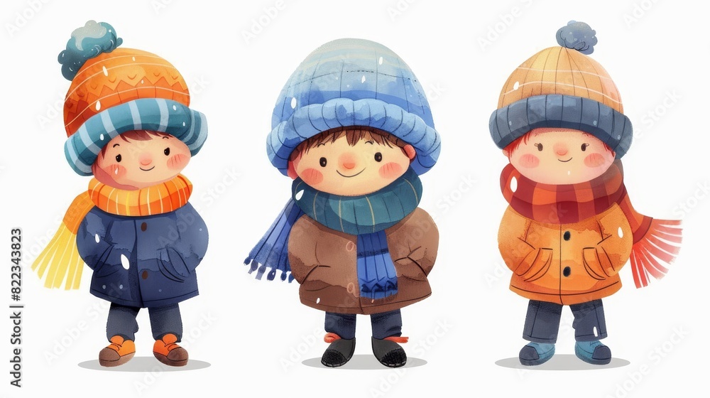 Cartoon illustration of cute kid wearing wool cap, coat, scarf, and hat in watercolor style, isolated on white background, collection set, Stock AI Cartoon illustration of cute kid wearing wool cap, coat, scarf, and hat in watercolor style, isolated on white background, collection set, Stock AI