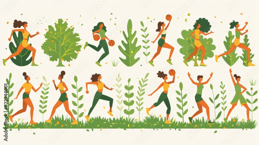 Vector images of athletes in the park, green and yellow colors, flat design, minimalistic style, white background Vector images of athletes in the park, green and yellow colors, flat design, minimalistic style, white background