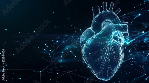 Heart icon from glowing blue lines on dark background with copy space. Human heart hologram, for futuristic medical and health care technology concept.