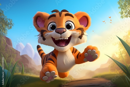 cute cartoon tiger is jumping high in the air