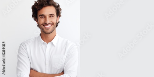 White background Happy european white man realistic person portrait of young beautiful Smiling man good mood Isolated on Background Banner 