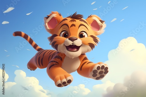 cute cartoon tiger is jumping high in the air
