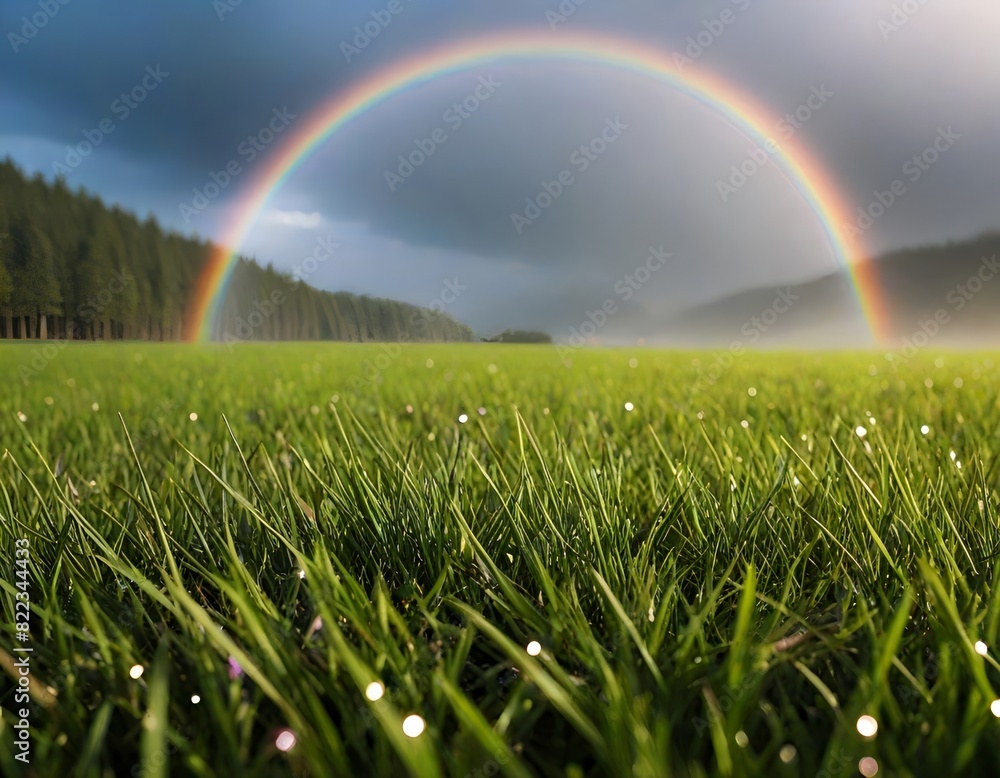 Fototapeta premium Beautiful summer landscape with a rainbow arcing across a bright blue sky over a green field Generative AI
