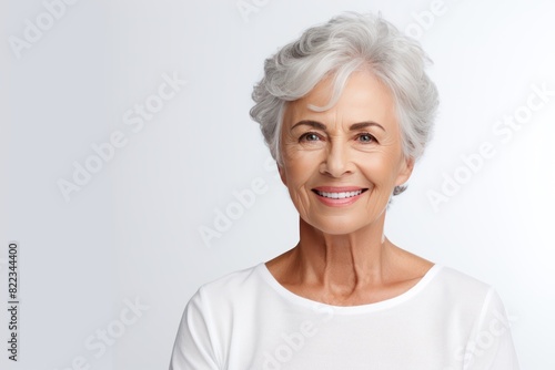 White background Happy european white Woman grandmother realistic person portrait of young beautiful Smiling Woman Isolated on Background Banner