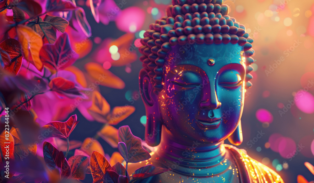 A beautiful illustration of Buddha sitting on a lotus flower, with colorful flowers around
