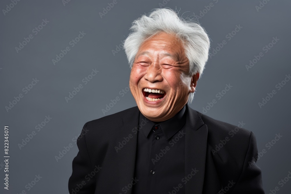 Portrait of a happy asian man in his 80s laughing on plain cyclorama studio wall Portrait of a happy asian man in his 80s laughing on plain cyclorama studio wall