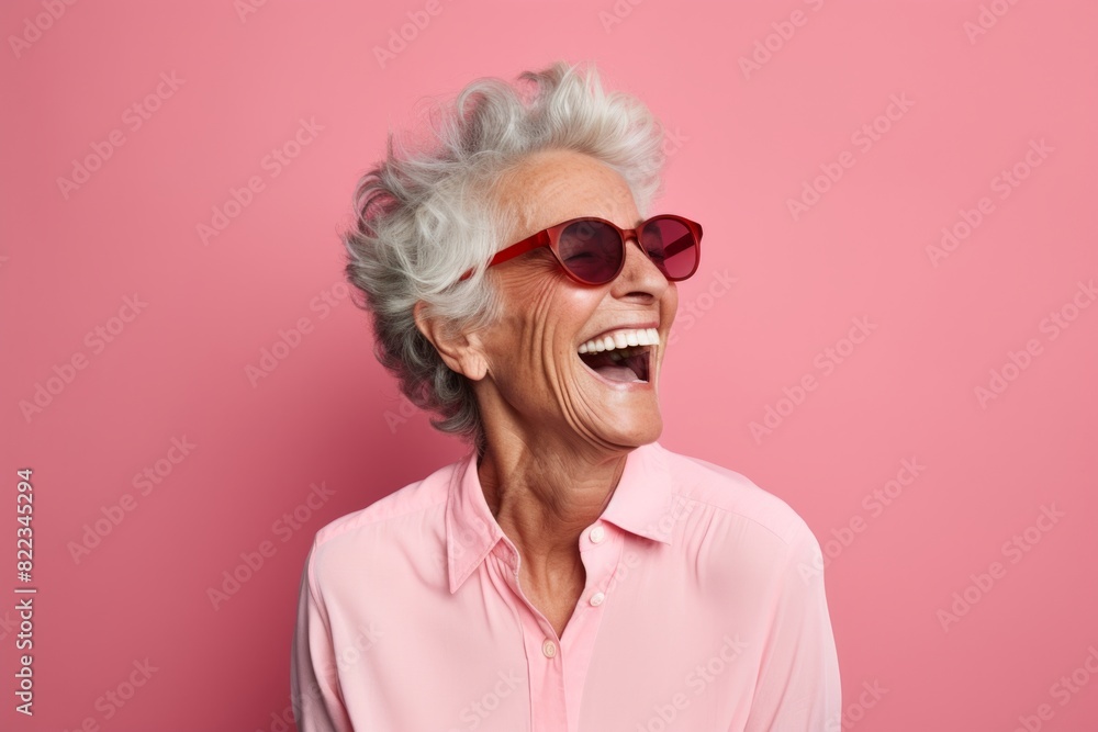 Portrait of a happy woman in her 70s laughing over plain cyclorama studio wall Portrait of a happy woman in her 70s laughing over plain cyclorama studio wall