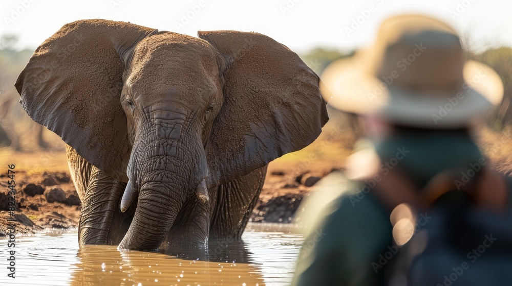 Obraz premium Close-up view of a majestic elephant immersed in water with the warm glow of the setting sun, highlighting the tranquil environment.