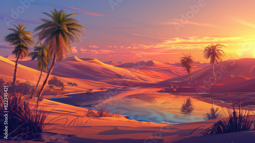 Sunset Over a Desert Oasis  Anime Background.