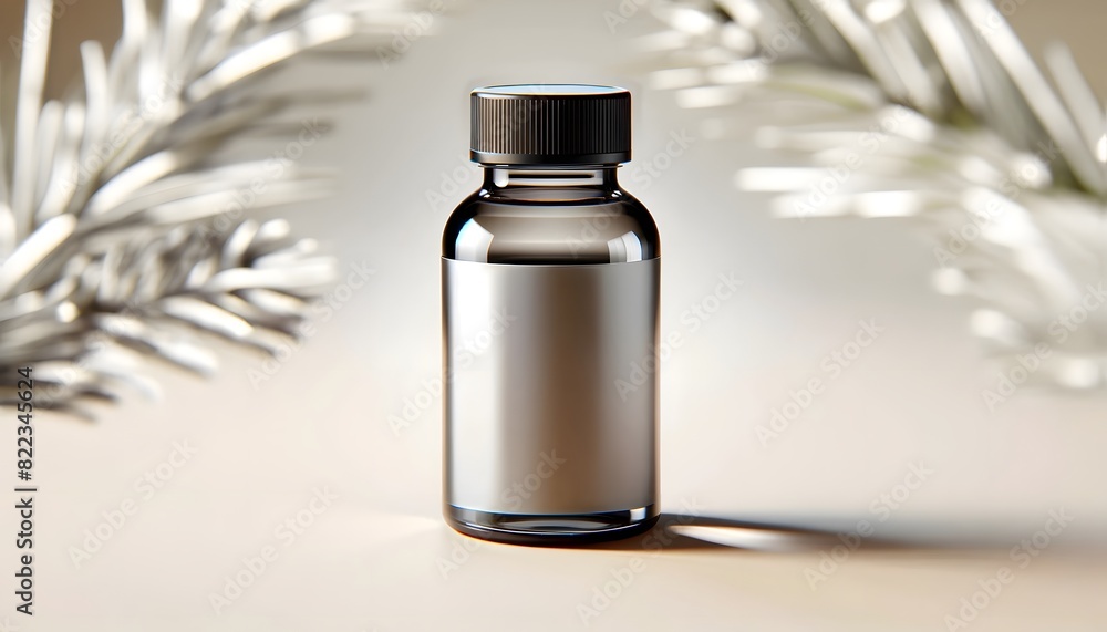 An isolated glass bottle with a black cap, standing on a light background, with out-of-focus decorative elements in the background. An isolated glass bottle with a black cap, standing on a light background, with out-of-focus decorative elements in the background.