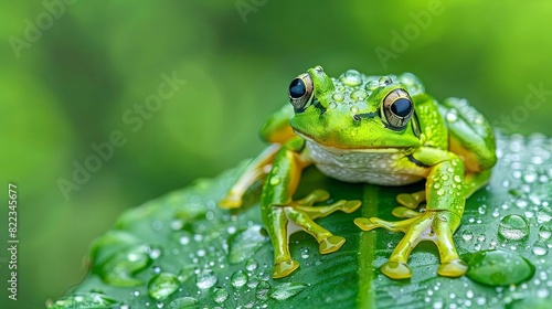 dewkissed amphibian vibrant green frog rests on wet leaf closeup nature photography photo