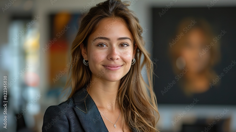 confident business woman in a suit stands in an office with a smile.stock photo confident business woman in a suit stands in an office with a smile.stock photo