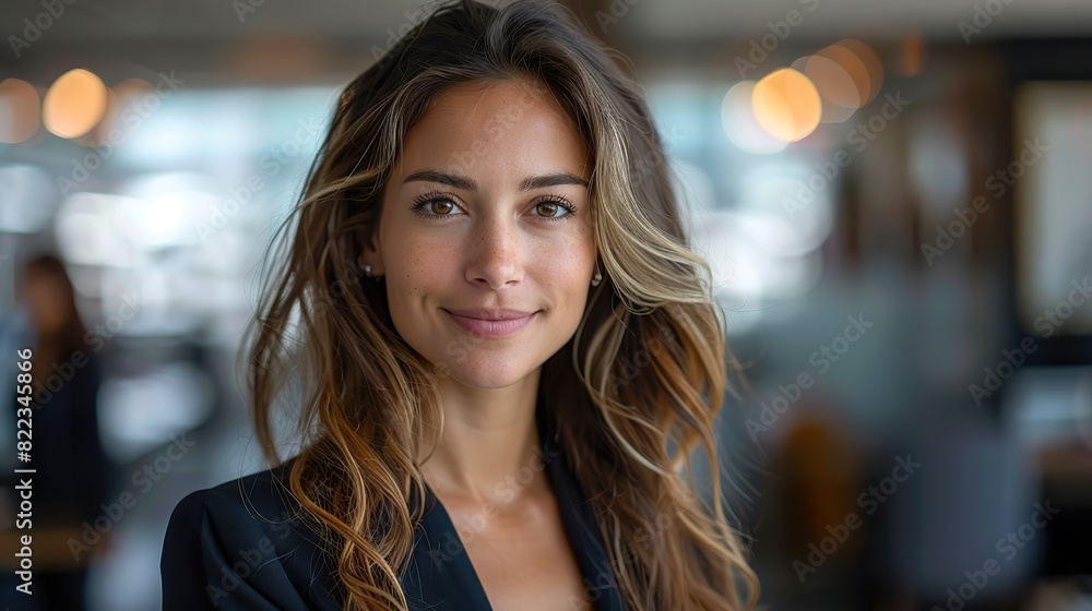 confident business woman in a suit stands in an office with a smile.stock photo confident business woman in a suit stands in an office with a smile.stock photo