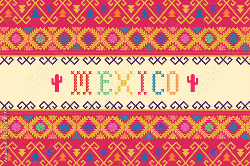 fondo rosa de textil mexicano con la palabra MEXICO al centro, horizontal