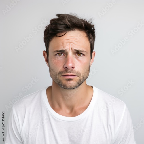 White background sad european white man realistic person portrait of young beautiful bad mood expression man Isolated on Background depression 
