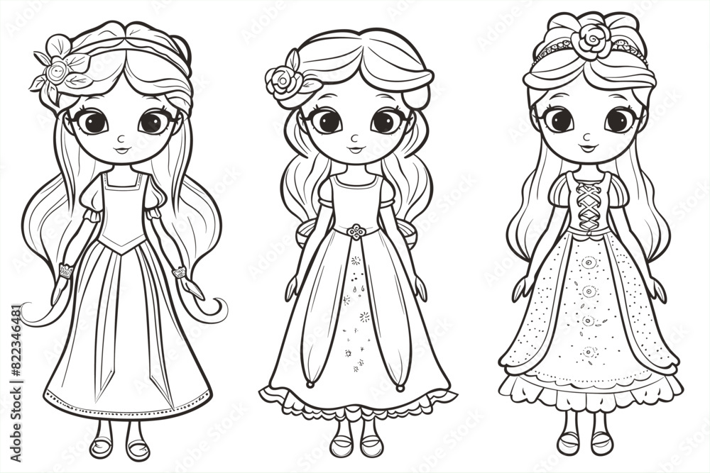 coloring pages with cute princess characters, happy princess characters set. Black and white vector illustration of children's activity coloring book pages with pictures of Character princess coloring pages with cute princess characters, happy princess characters set. Black and white vector illustration of children's activity coloring book pages with pictures of Character princess