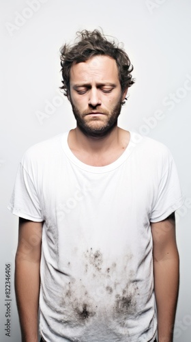 White background sad european white man realistic person portrait of young beautiful bad mood expression man Isolated on Background depression 