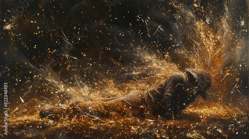 Wallpaper Mural A surreal scene showing an astronaut lying in space surrounded by a swirling storm of golden sparks and debris. Torontodigital.ca