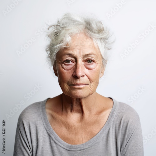 White background sad European white Woman grandmother realistic person portrait of young beautiful bad mood expression Woman Isolated 