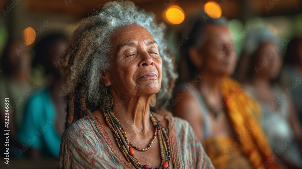 African American Elderly Woman Embracing Peace During Meditation Session