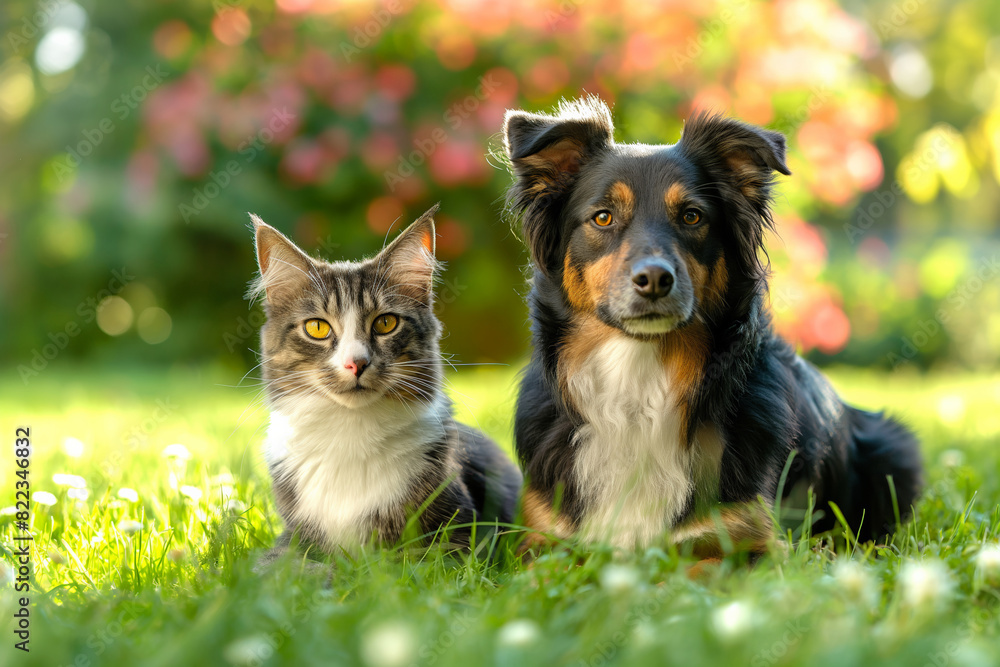 A cat and a dog sitting together on grass, with a blurred floral background in sunlight. A cat and a dog sitting together on grass, with a blurred floral background in sunlight.