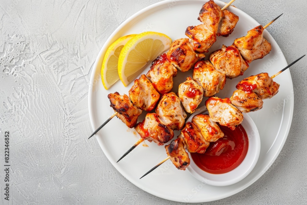 chicken shish kebab on a white plate with ketchup and lemon, viewed from above, laid flat. chicken skewers on top of a white plate with ketchup and lemon slices beside them. chicken shish kebab on a white plate with ketchup and lemon, viewed from above, laid flat. chicken skewers on top of a white plate with ketchup and lemon slices beside them.