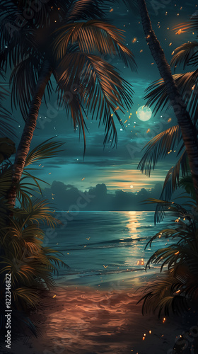 Starry night tropical beach with palm trees, crescent moon, and ocean waves