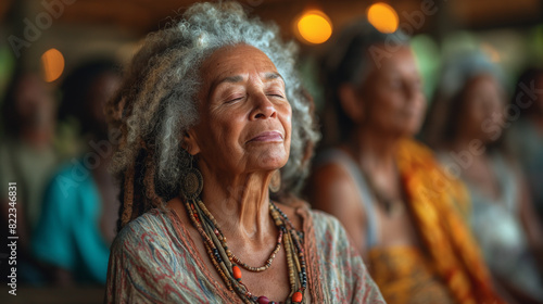 African American Elderly Woman Embracing Peace During Meditation Session © Anderson Piza