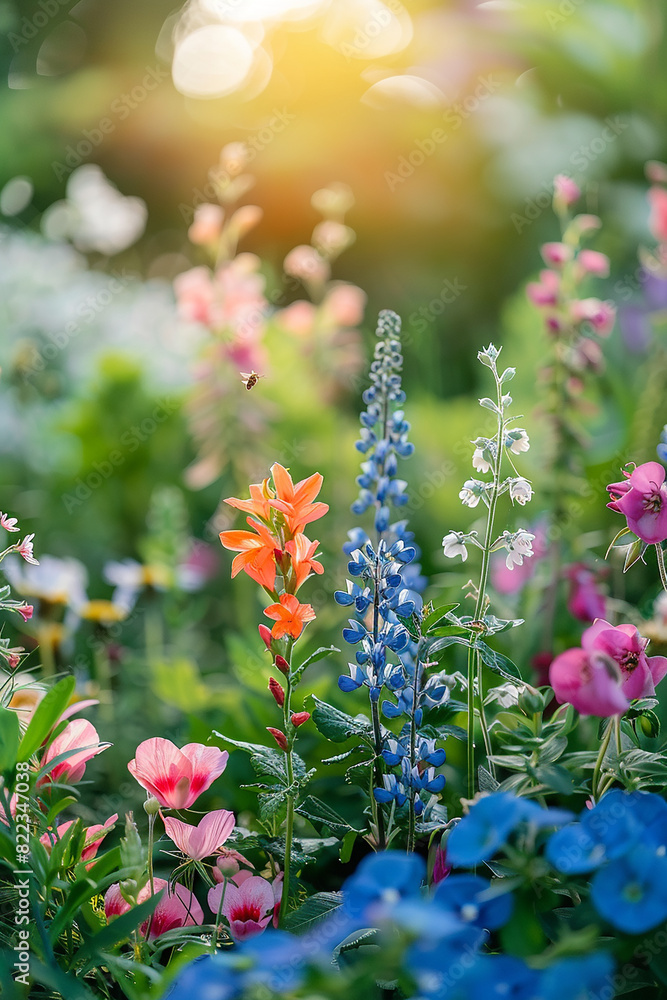 Obraz premium bee in a colourful flower garden with blur background generated by AI